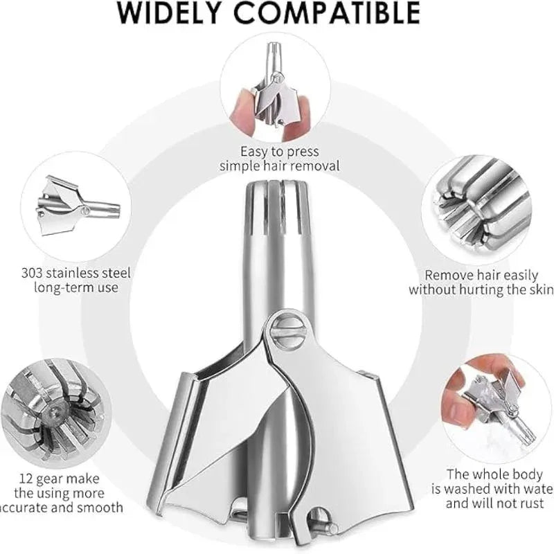 Manual Stainless Steel Nose & Ear Hair Trimmer – Painless, Battery-Free Precision Grooming Tool with Cleaning Brush